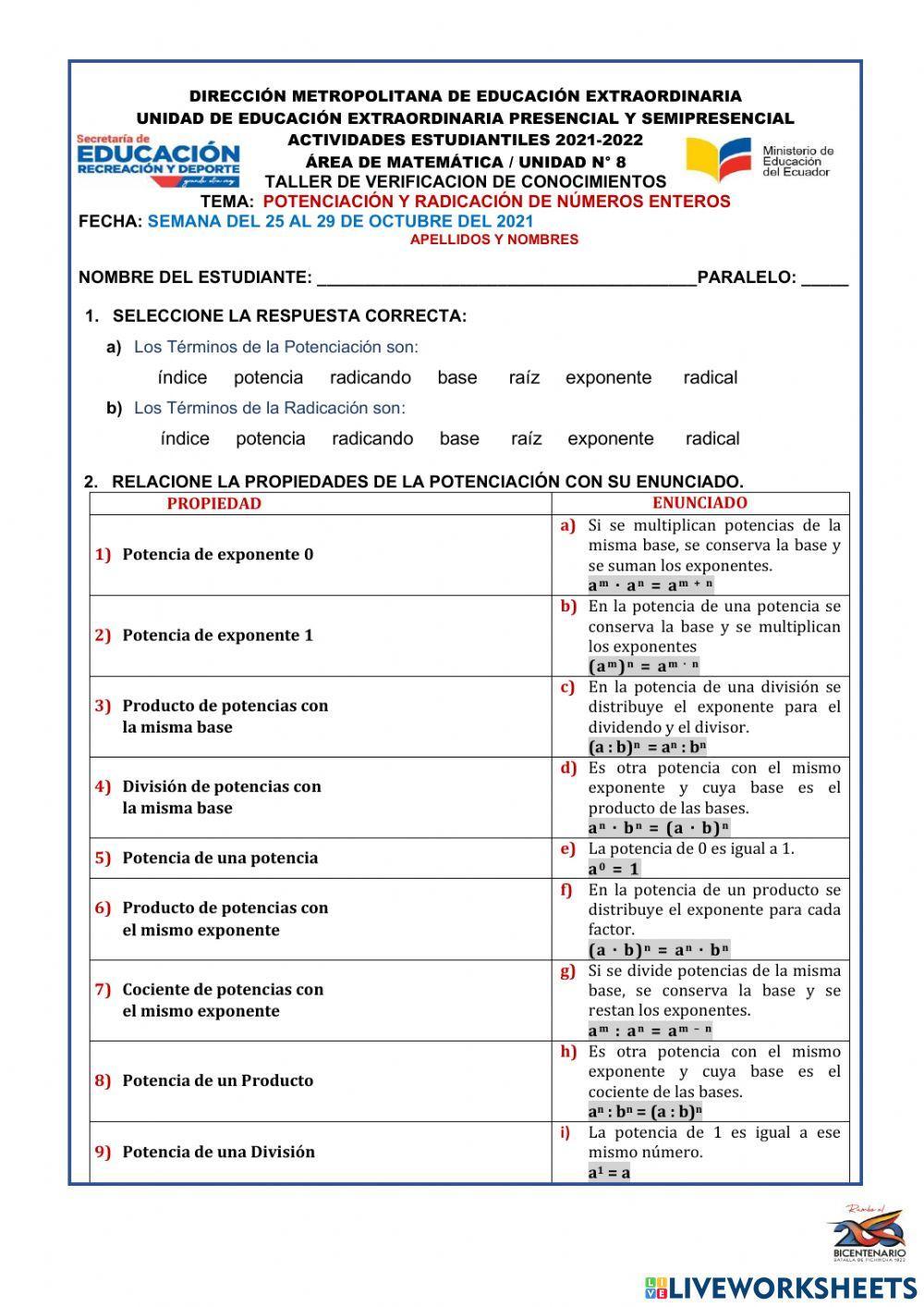 Potenciancion y radicacion de numeros enteros