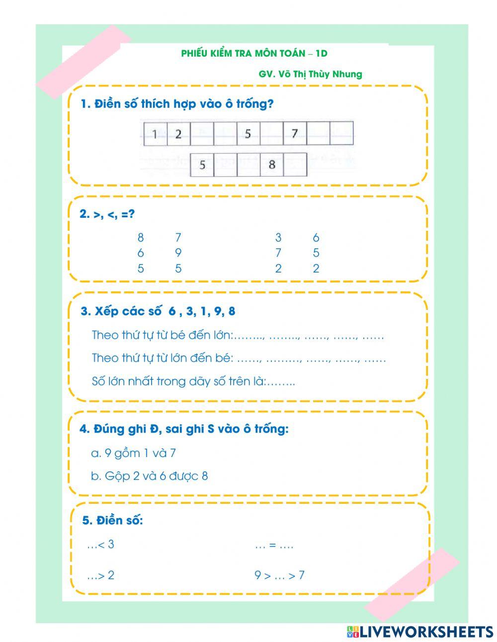 Phiếu kiểm tra Toán tuần 7