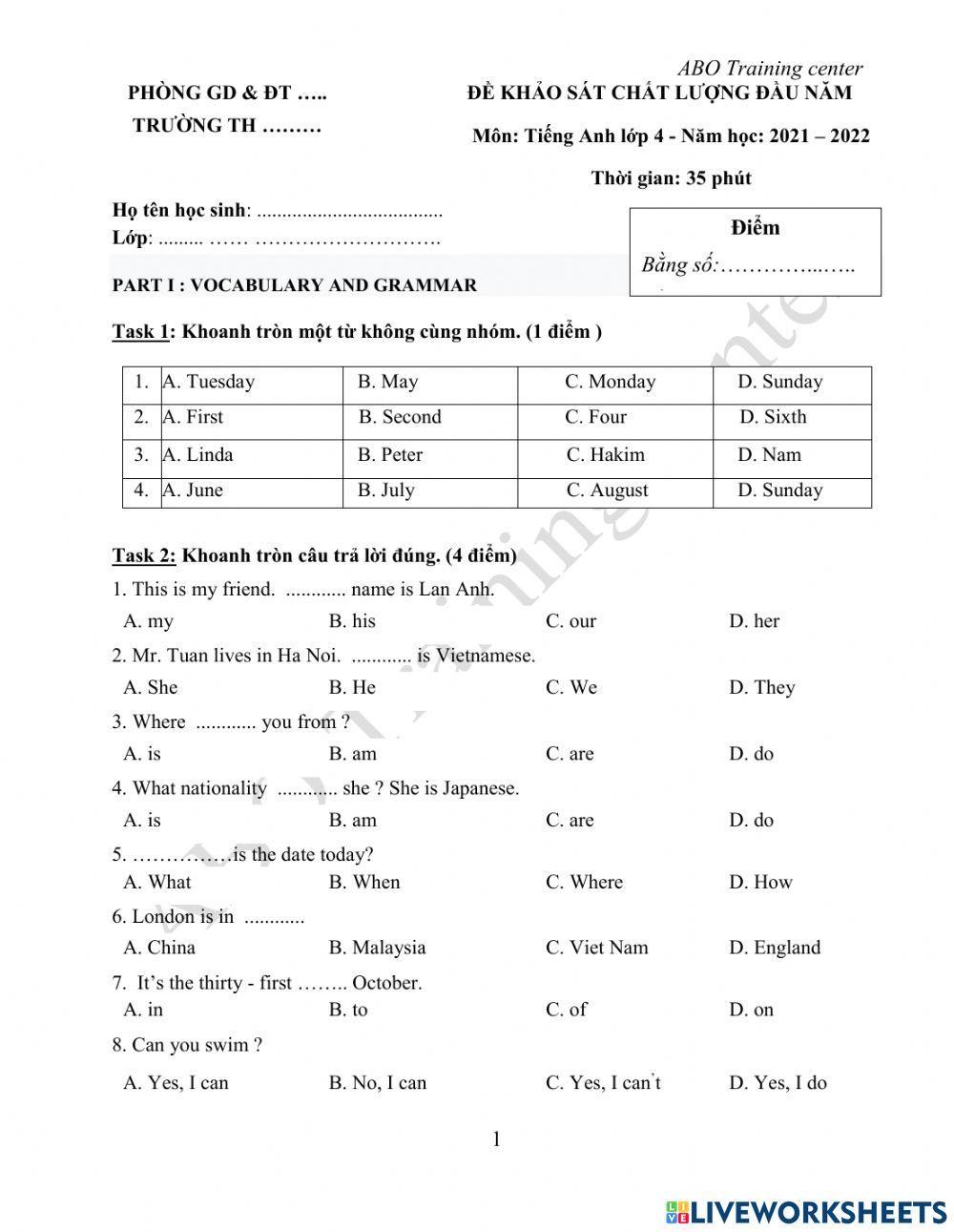 Grade 4 mini test 1(ktra giữa kì 1)