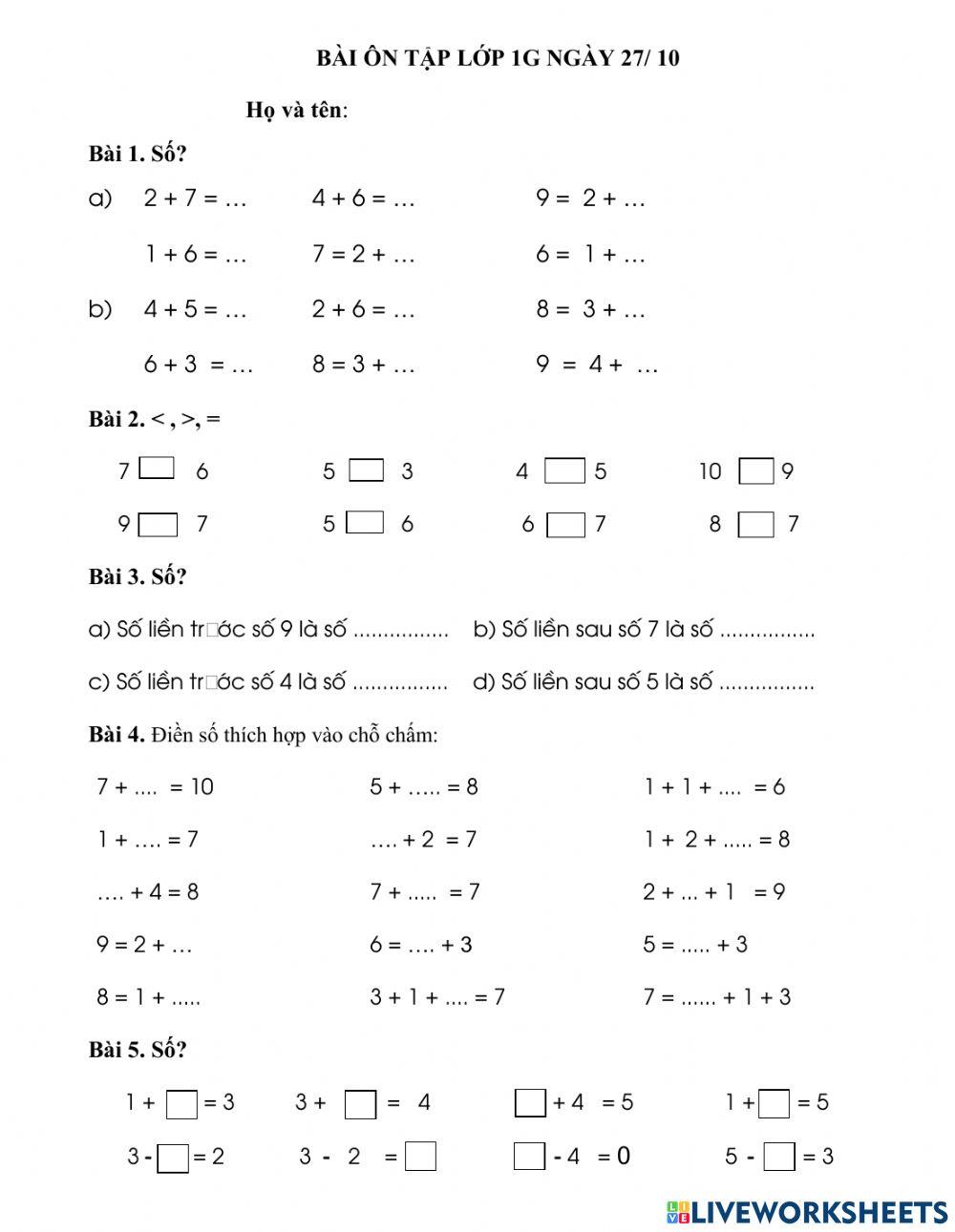 Toán 1G activity | Live Worksheets