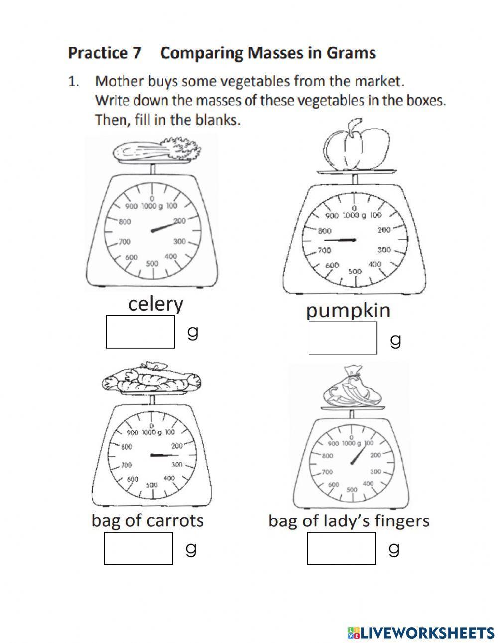 Comparing mass in grams