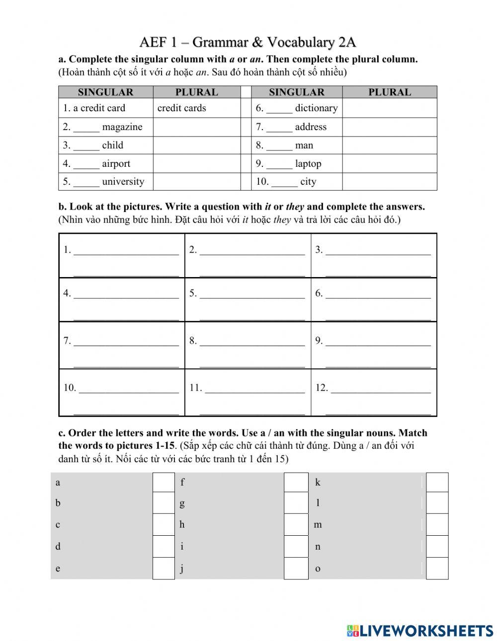 Answer sheet - 2A Grammar
