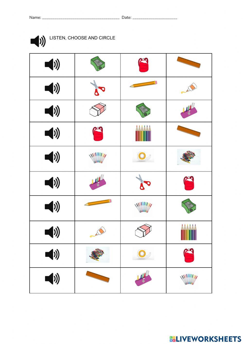 School supplies listening (1st grade)
