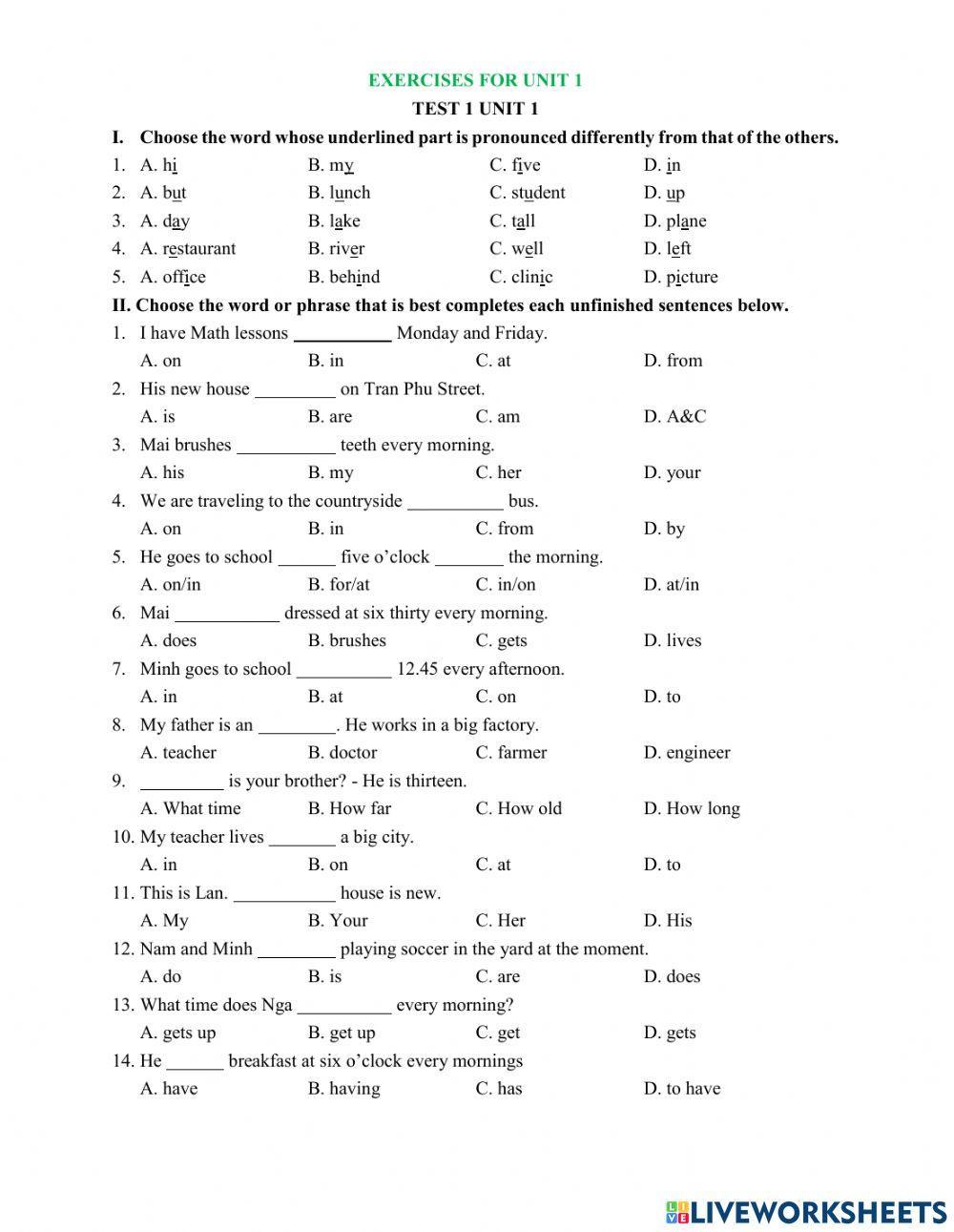 Grade 6 - Unit 1 - test 1