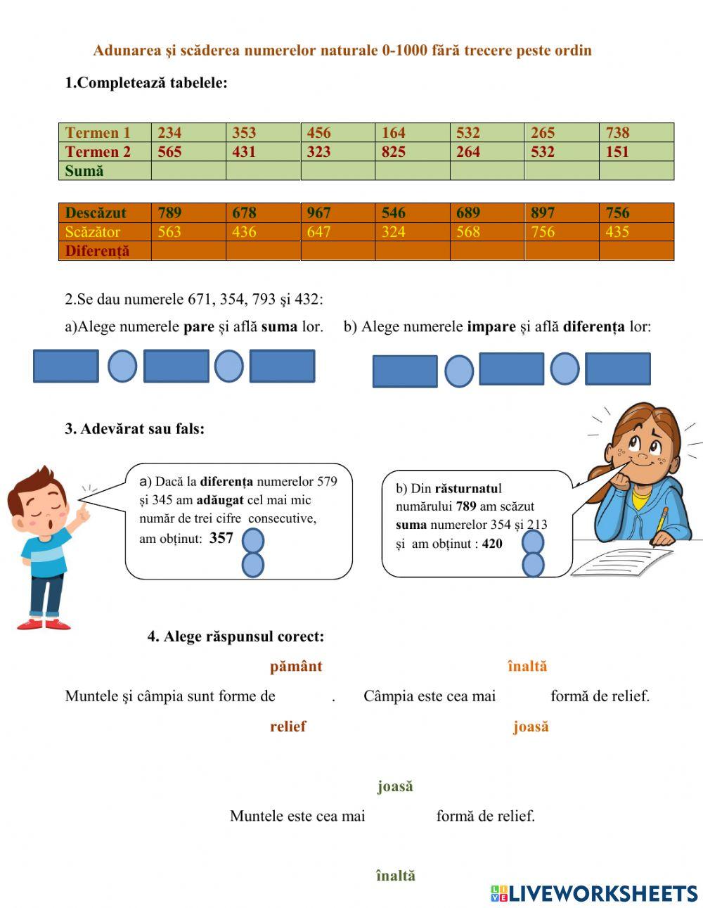 Adunări și scăderi 0-1000