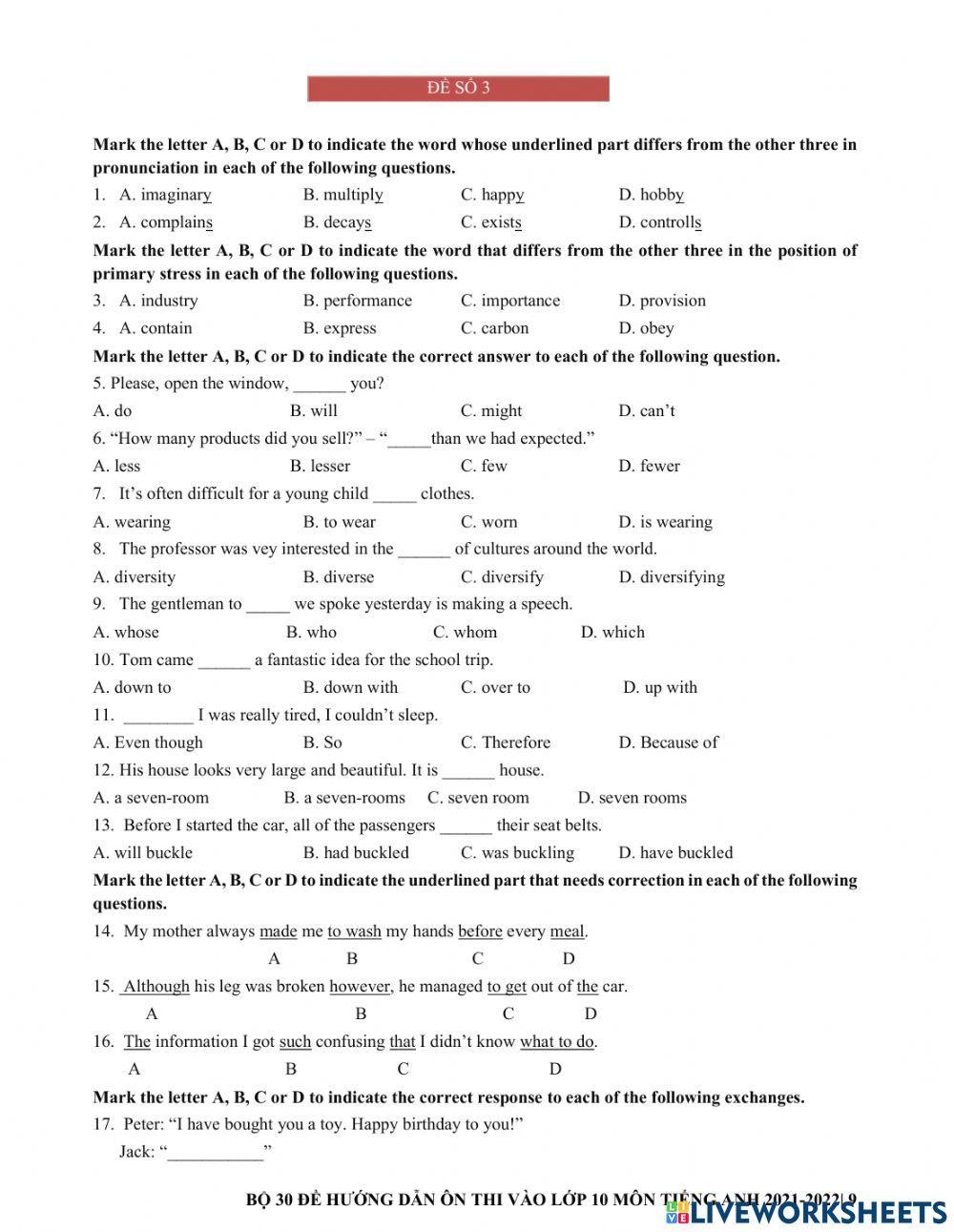 Ôn thi vào 10 - đề 3