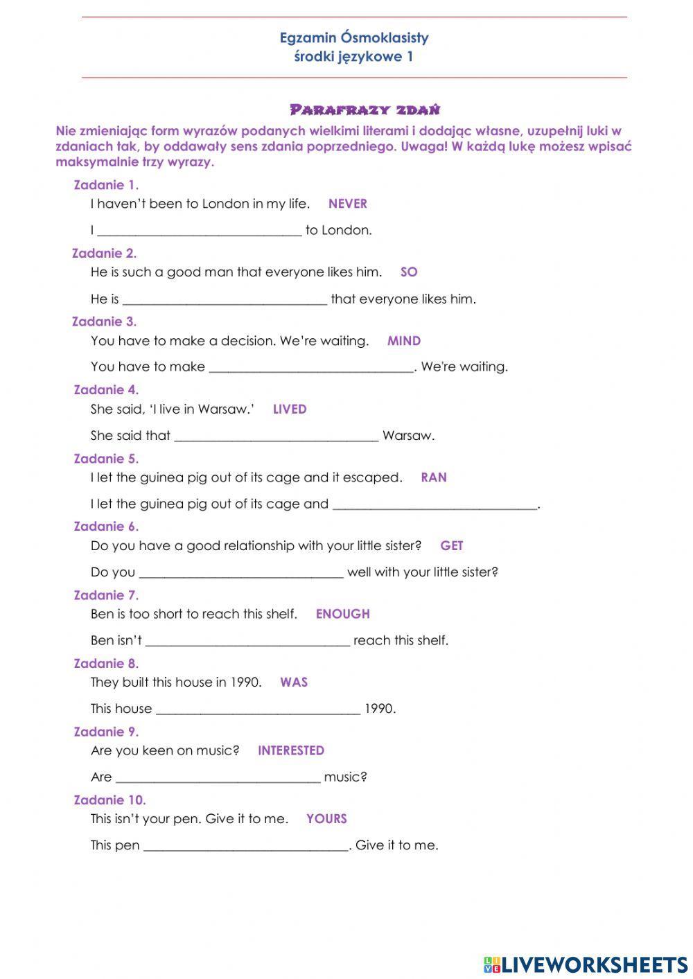 E8 Środki językowe - parafrazy zdań 1