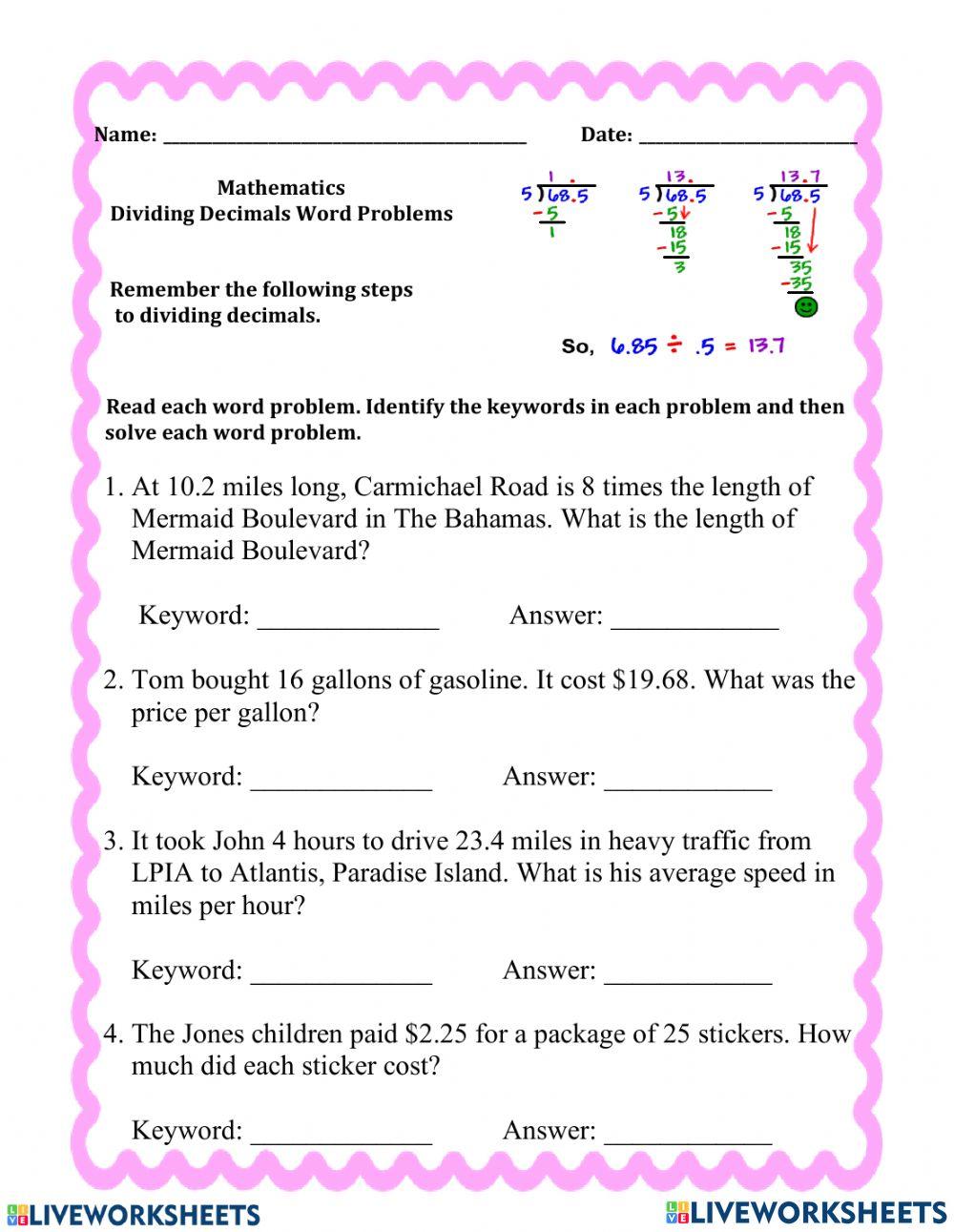 DIVIDING DECIMALS WORD PROBLEMS online exercise for Live Worksheets