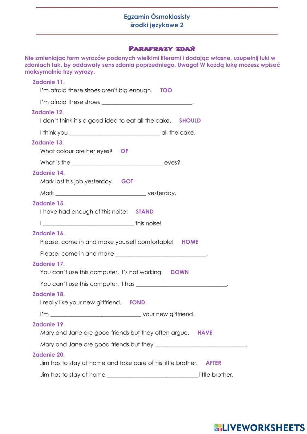 E8 Środki językowe - parafrazy zdań 2