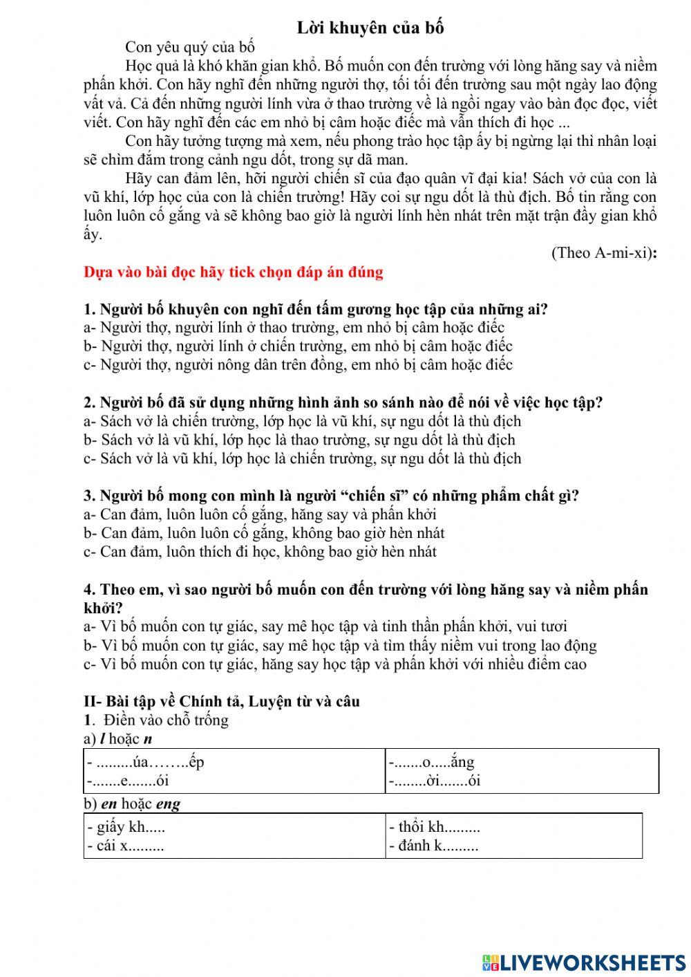 Phiếu bài tập Tiếng Việt