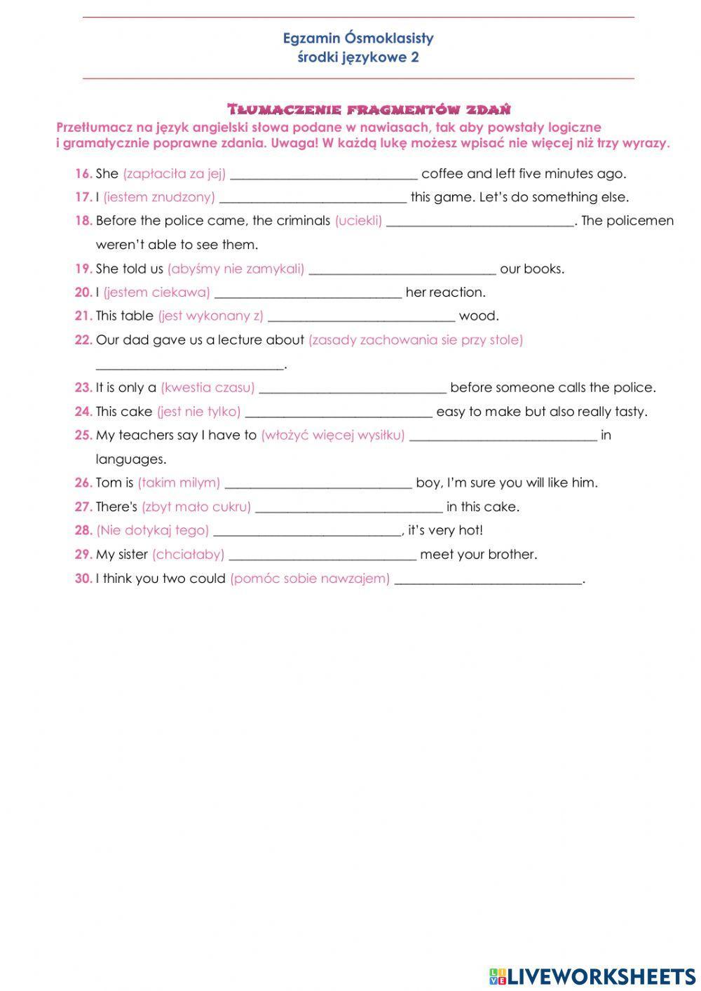 E8 Środki językowe - tłumaczenie fragmentów zdań 2