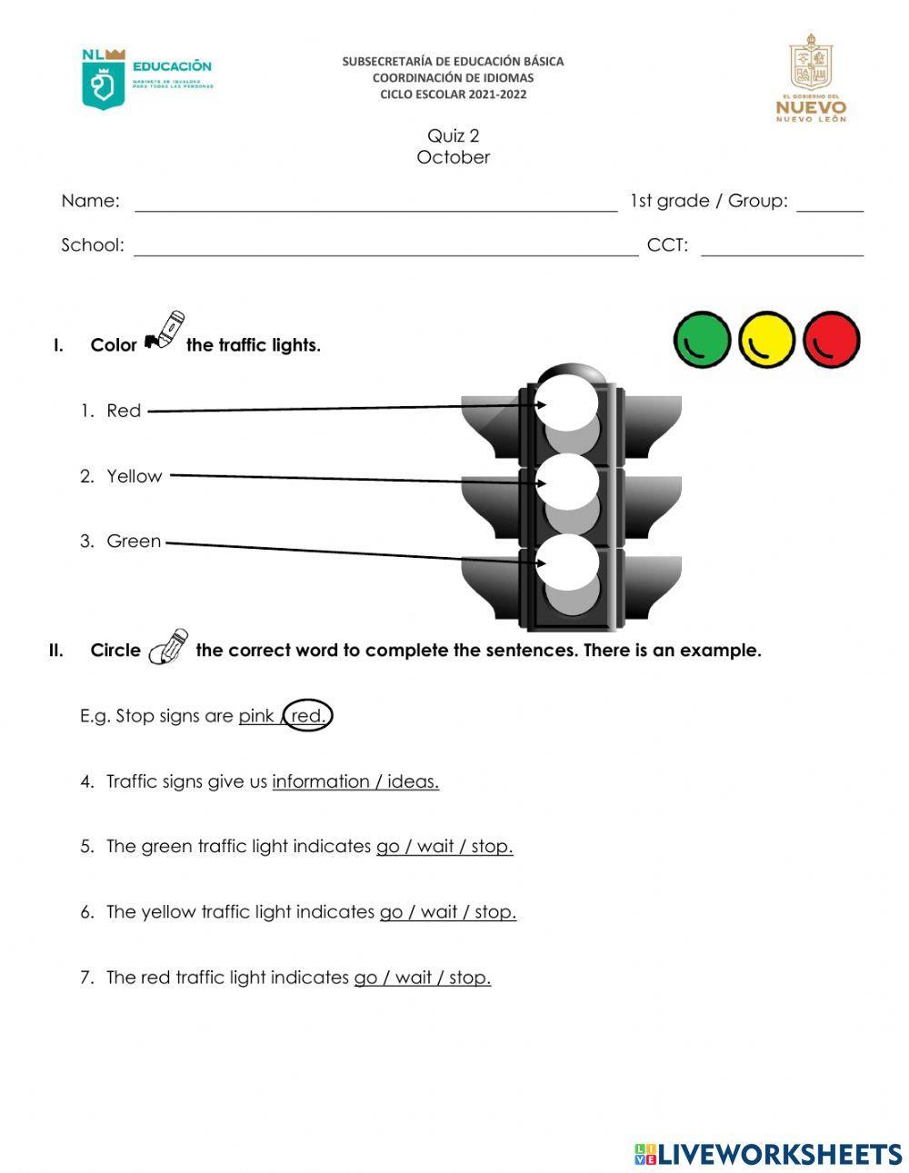 Examen Mensual de Inglés - 1er Grado -Octubre
