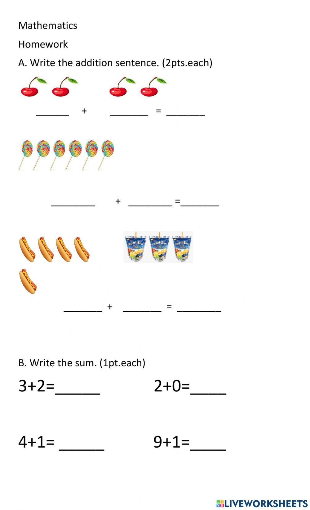 Addition sums exercise | Live Worksheets