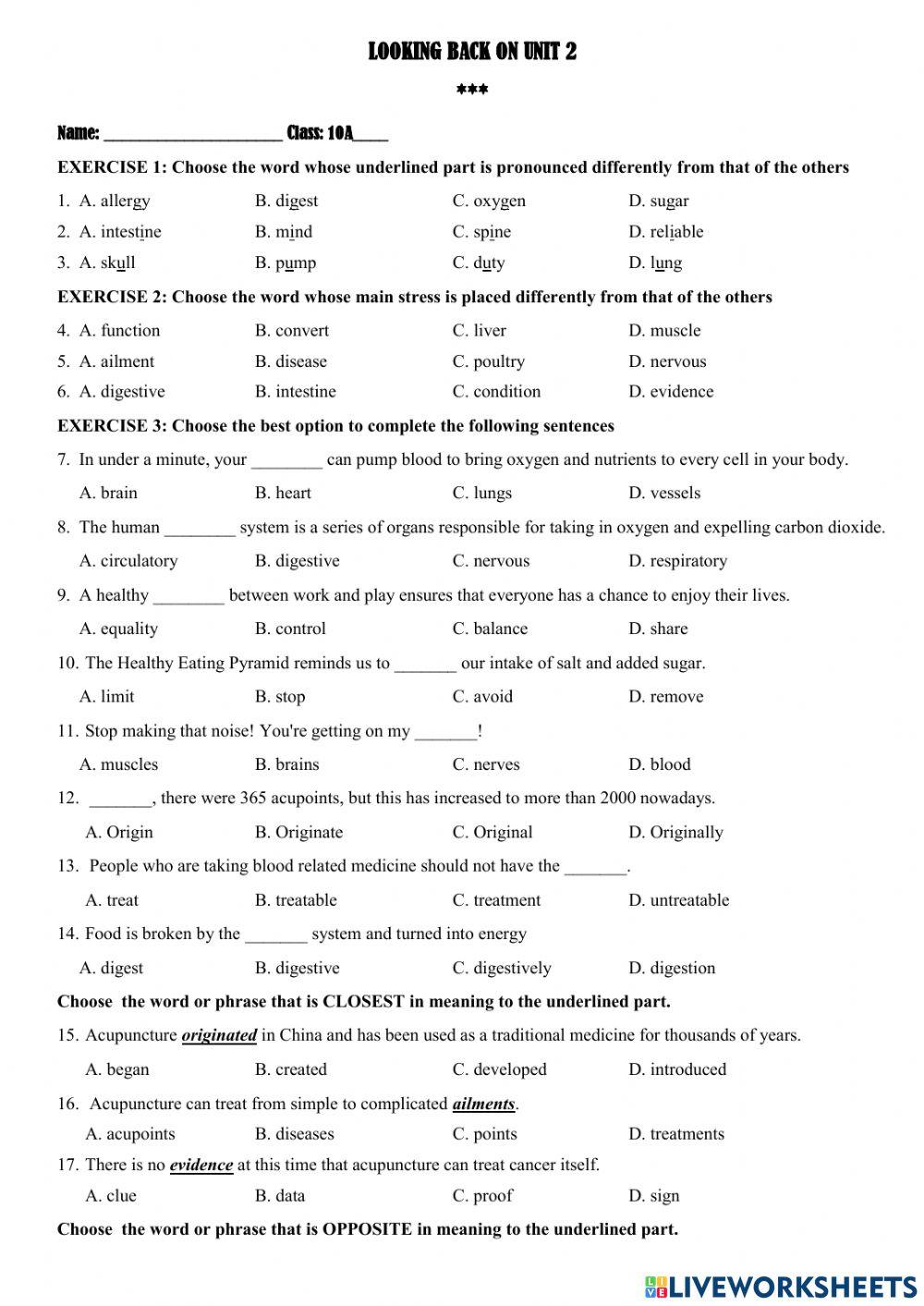 Looking back on unit 2: your body and you