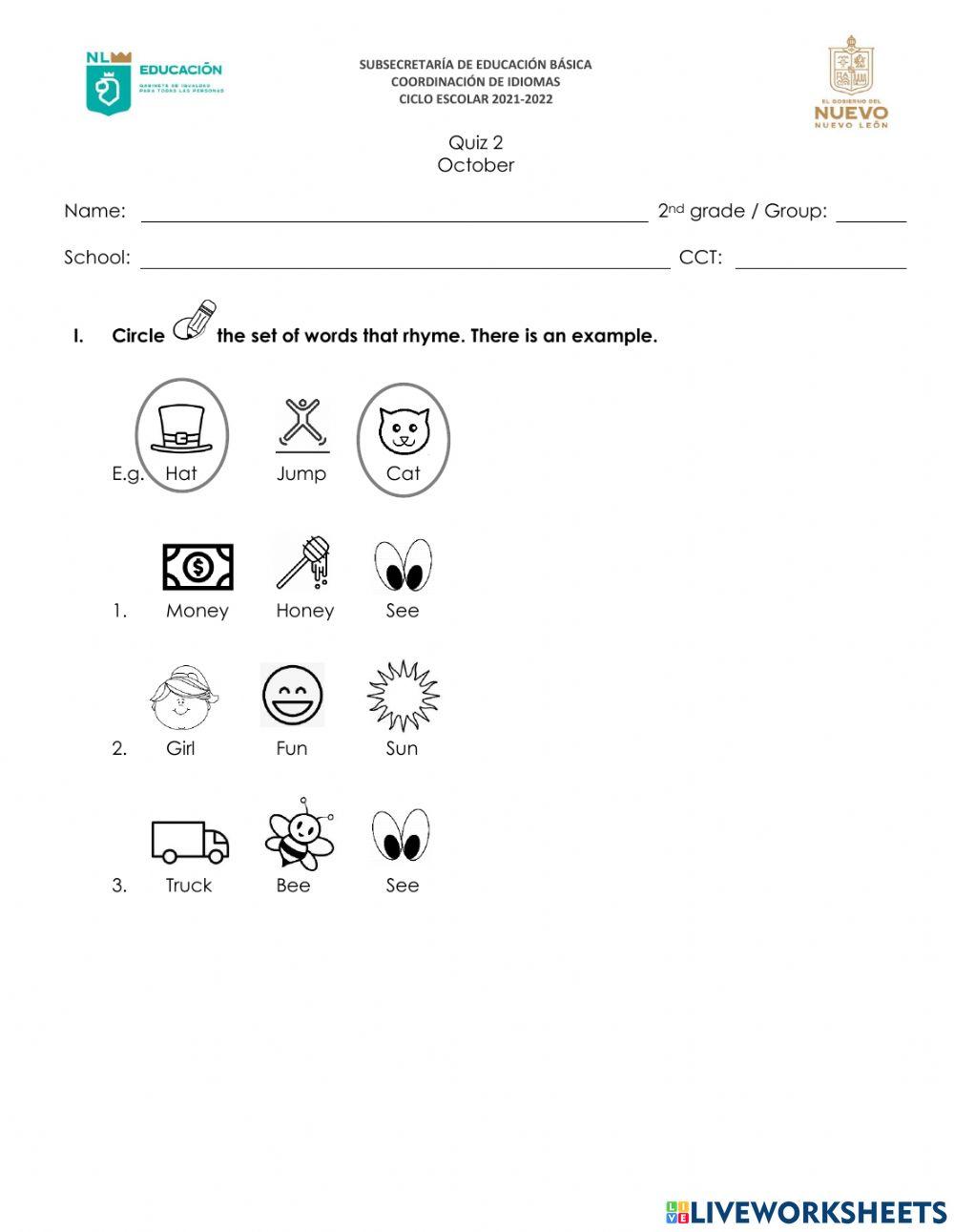 Examen Mensual de Inglés - 2do. Grado -Octubre