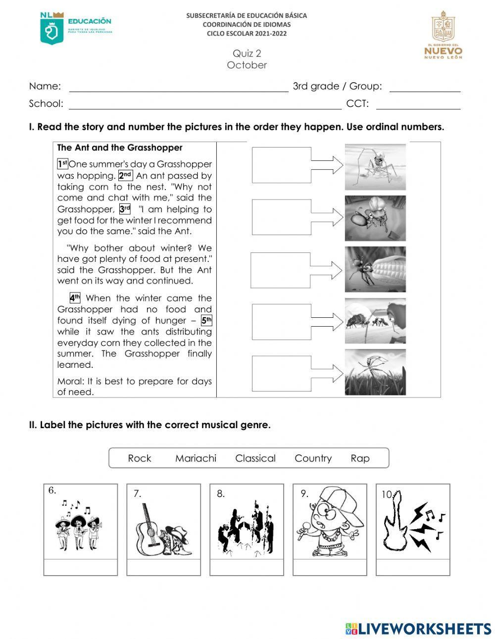 Examen Mensual de Inglés - 3er Grado -Octubre