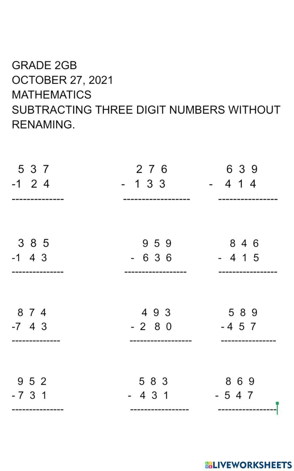 Subtraction of 3 digit numbers Without Renaming