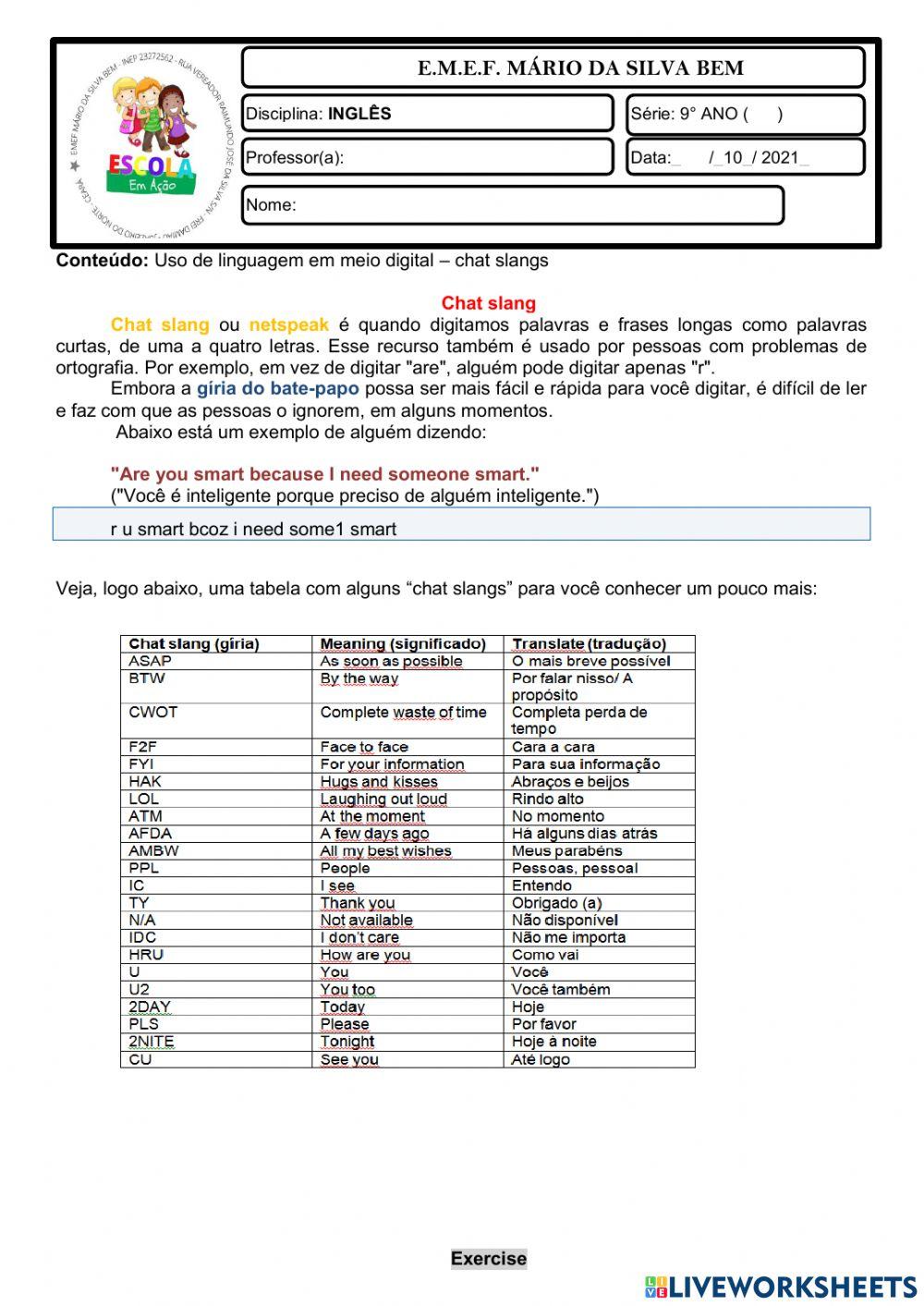 9° ano - inglês- CHAT SLANGS - 28-10-21