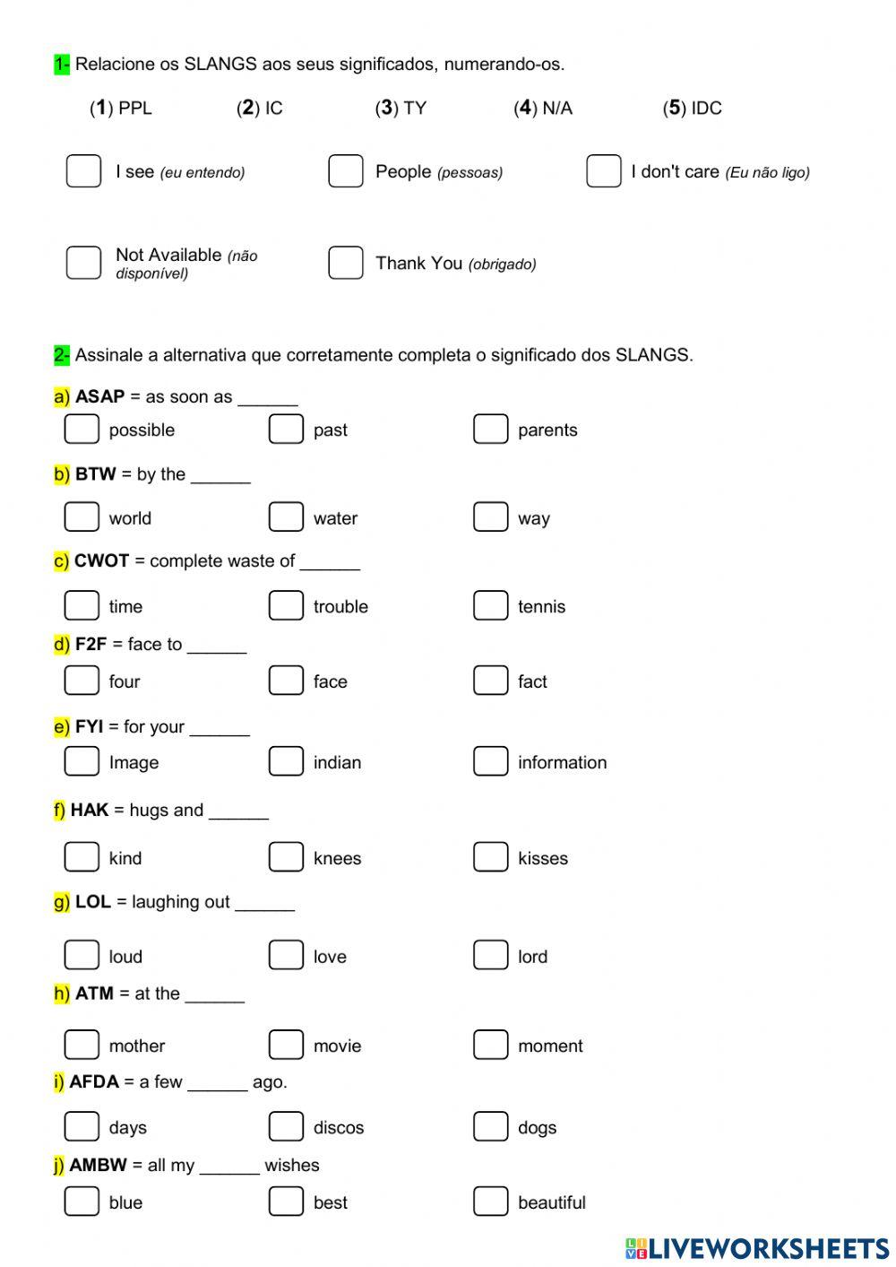 9° ano - inglês- CHAT SLANGS - 28-10-21