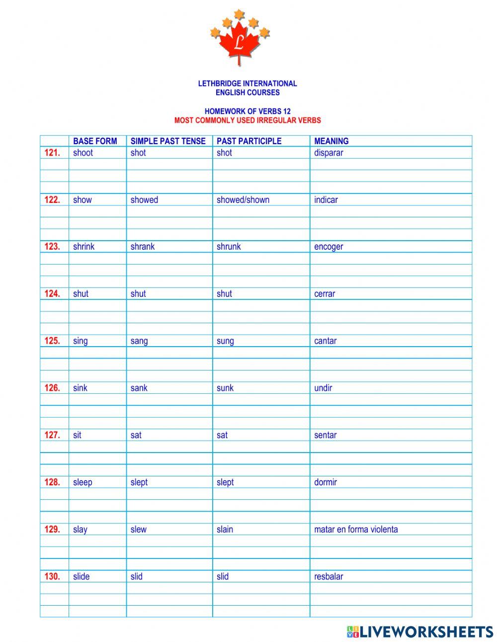 Homework of verbs 12