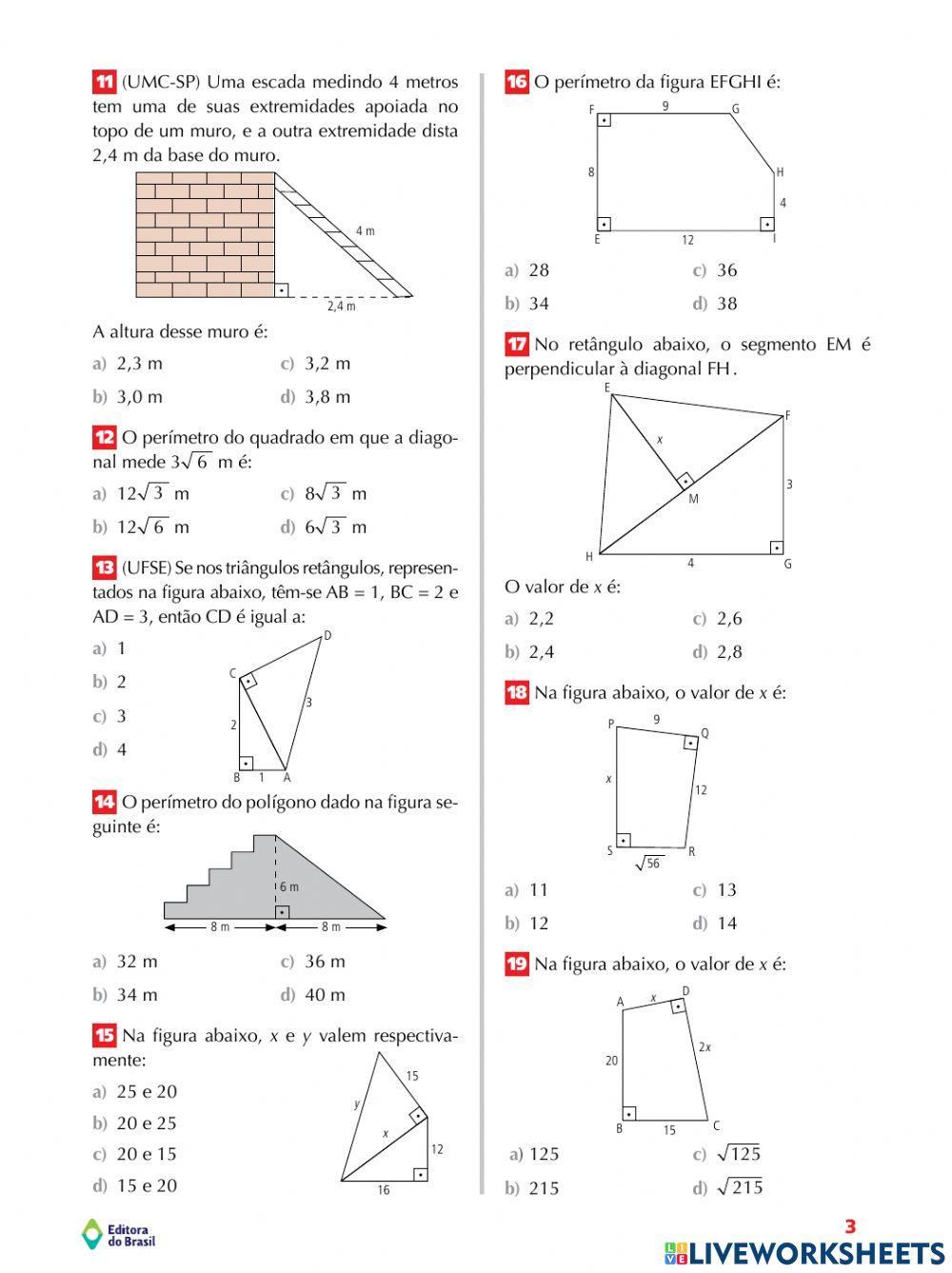 Atividade sobre relações métricas no triãngulo retângulo