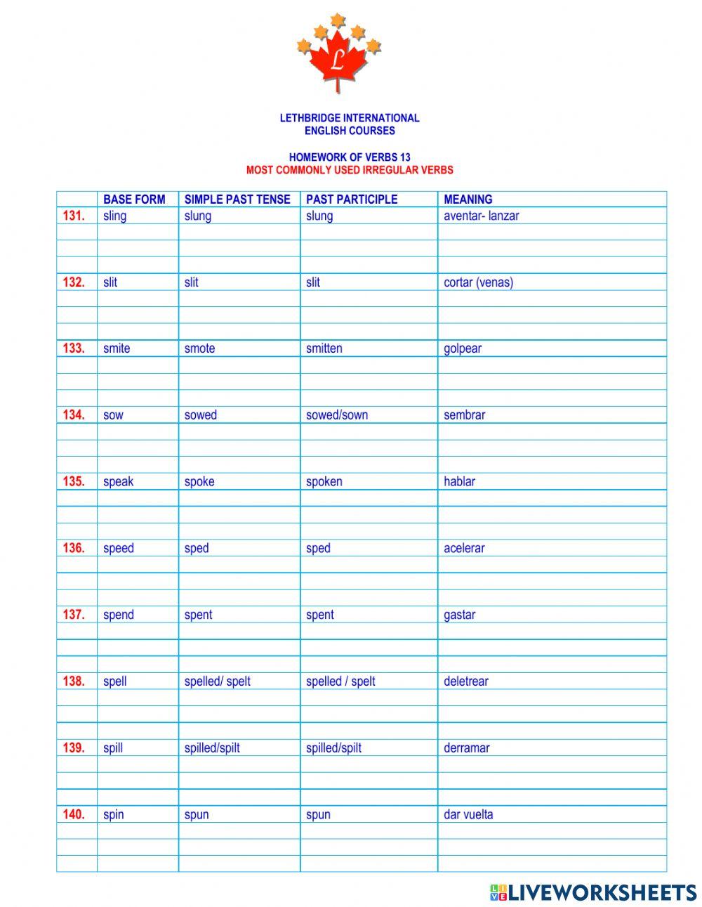 Homework of verbs 13
