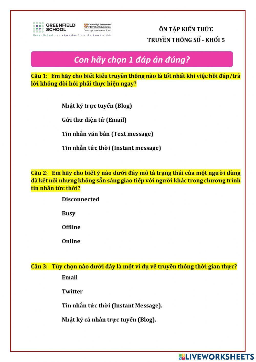 Khối 5 - Ôn tập Truyền thông