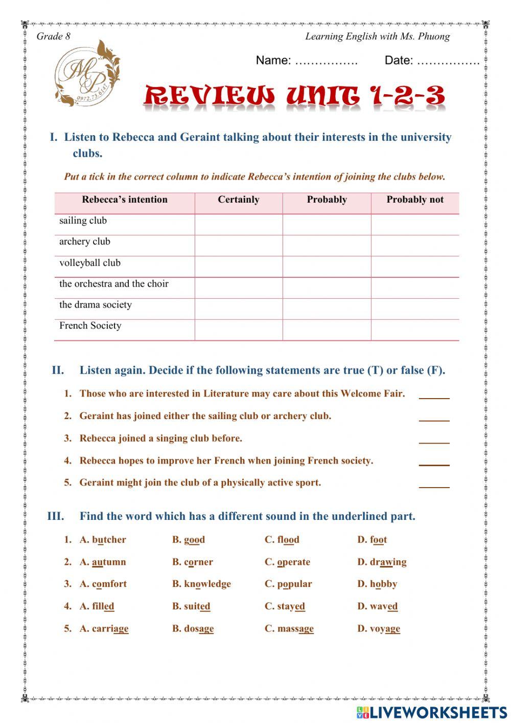 English 8 - Review Unit 1-2-3 - Advanced