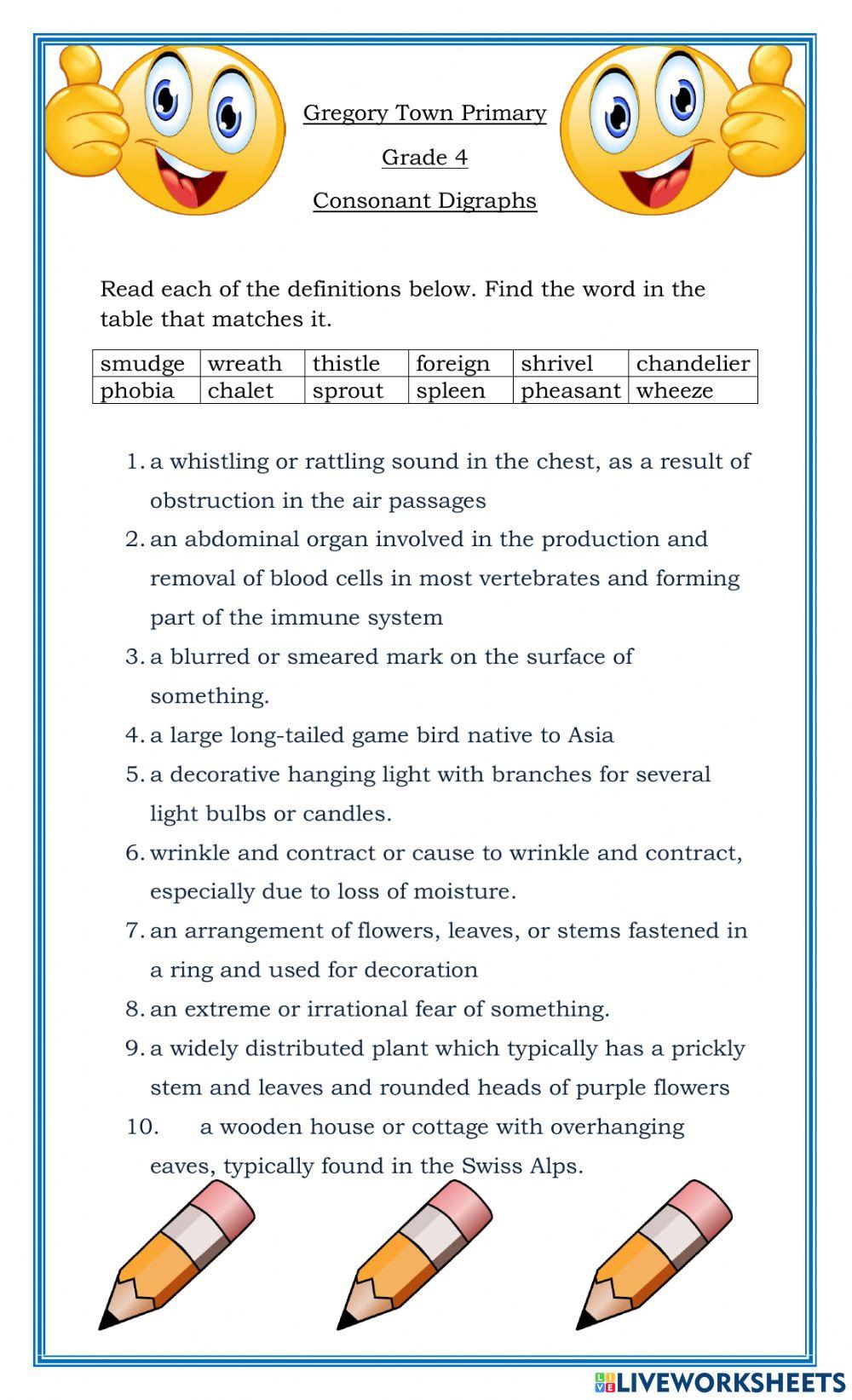 Grade 4 Digraphs - Vocabulary