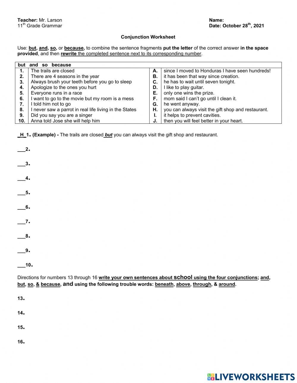 Conjunction Worksheet interactive worksheet Live Worksheets