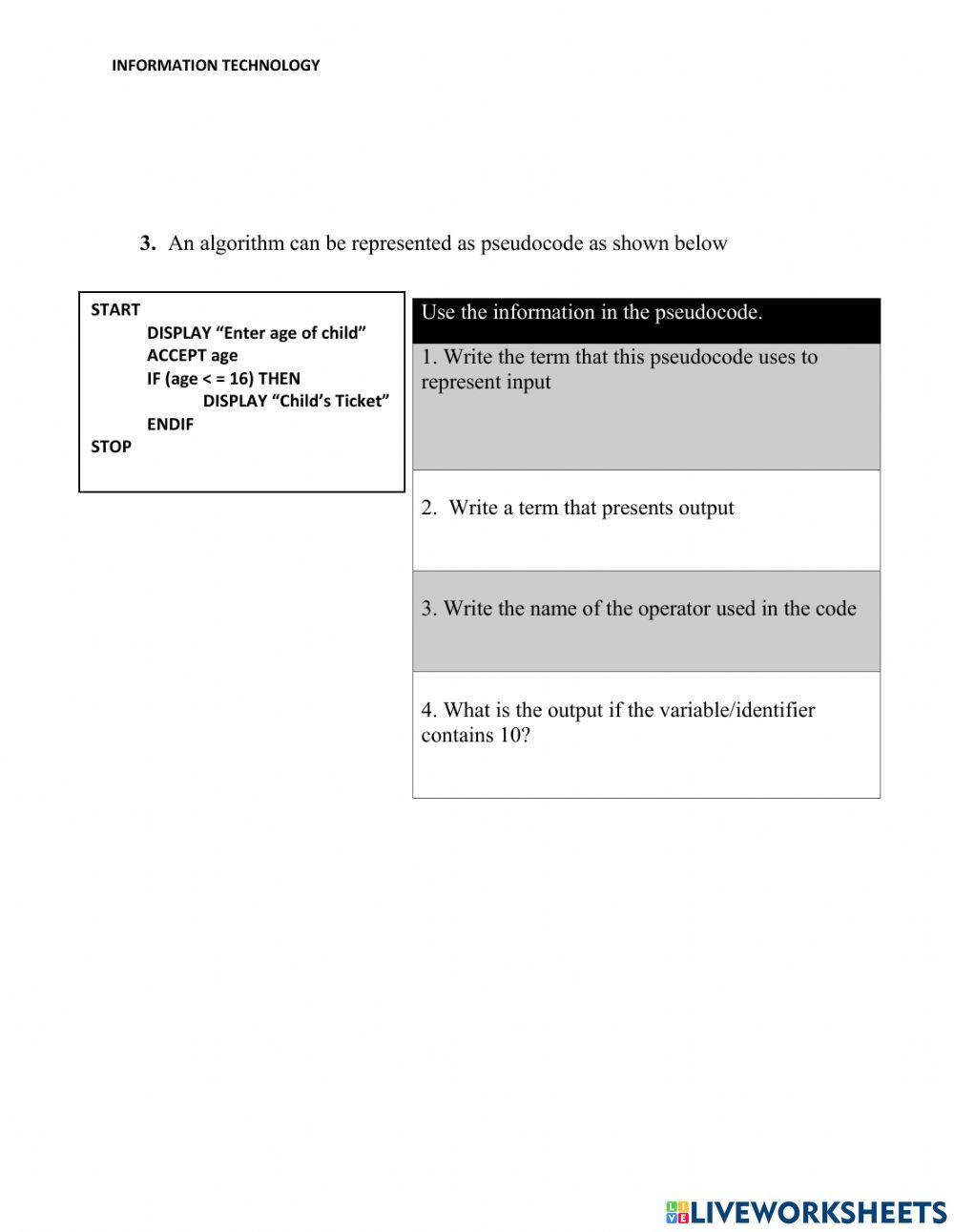 Pseudocode algorithms, flowcharts and Trace Tables online exercise for ...