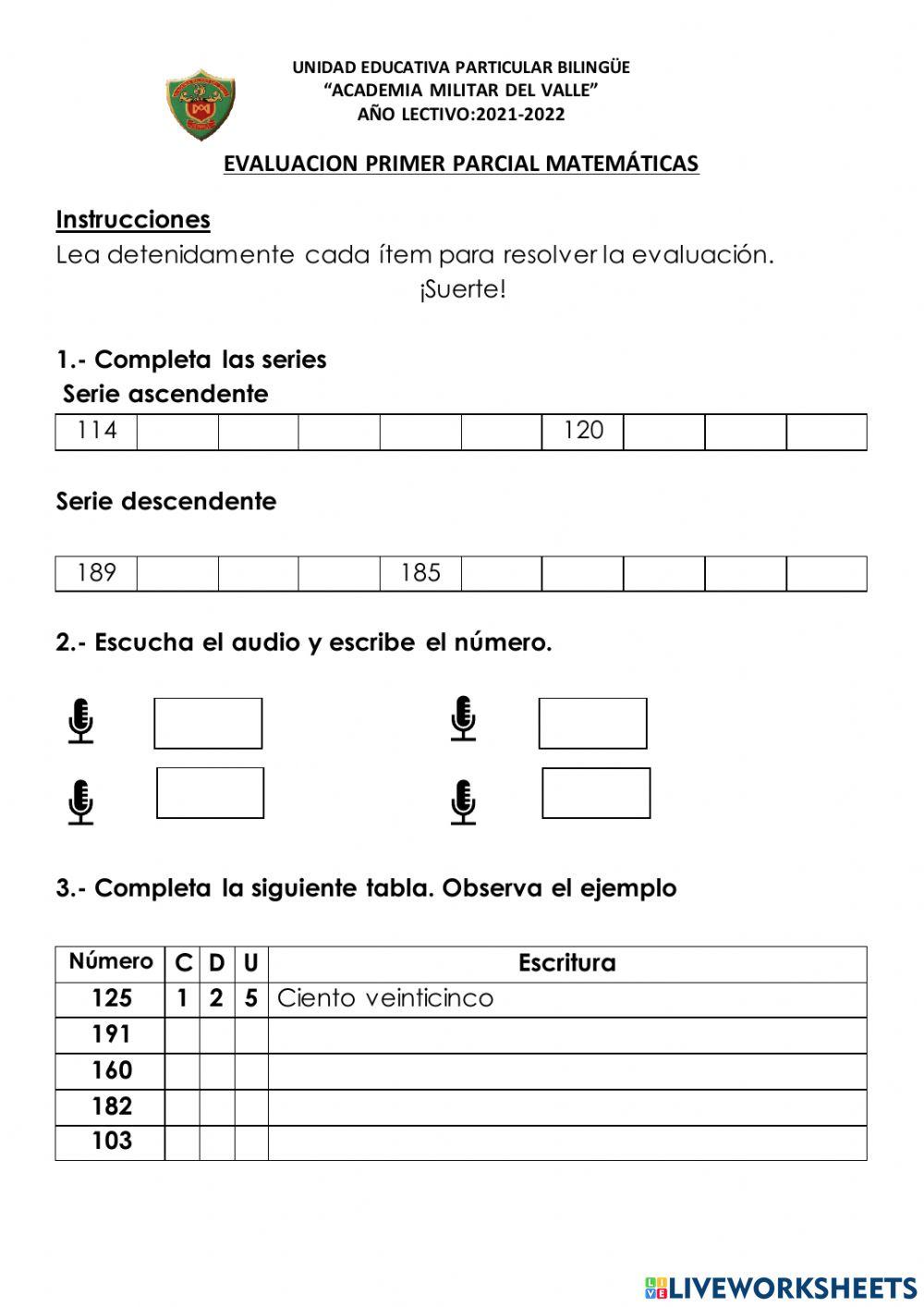 Evaluacion primer parcial matemáticas