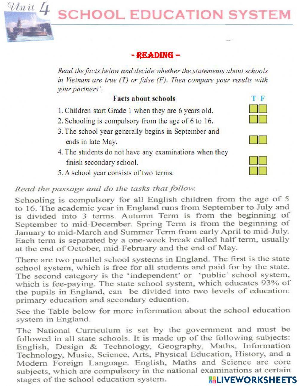Unit 4. School Education systems. reading