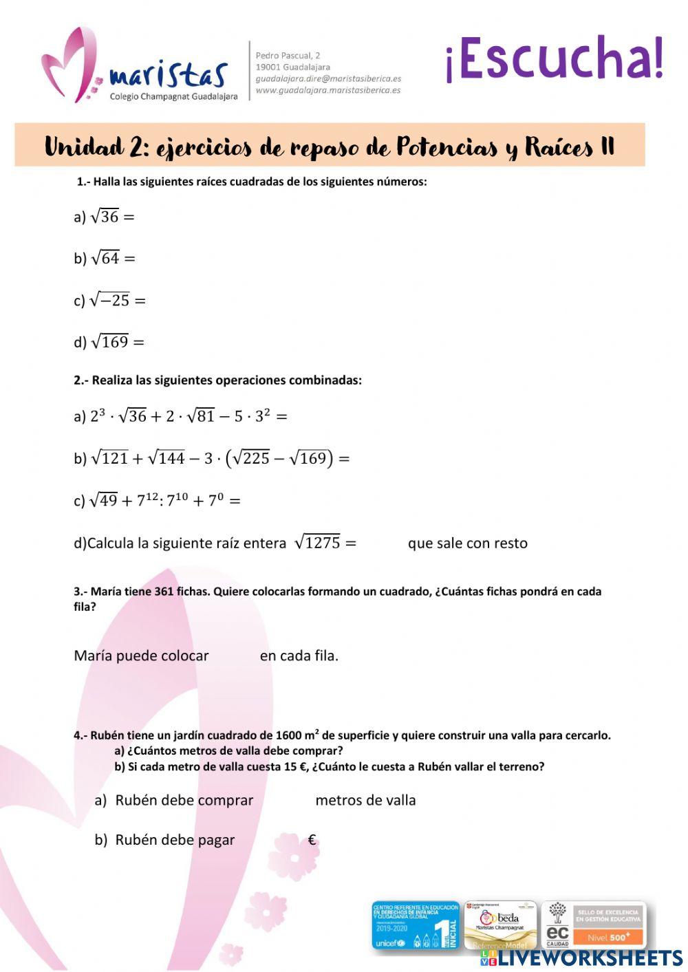 Ejercicios de repaso: Potencias y raíces 2