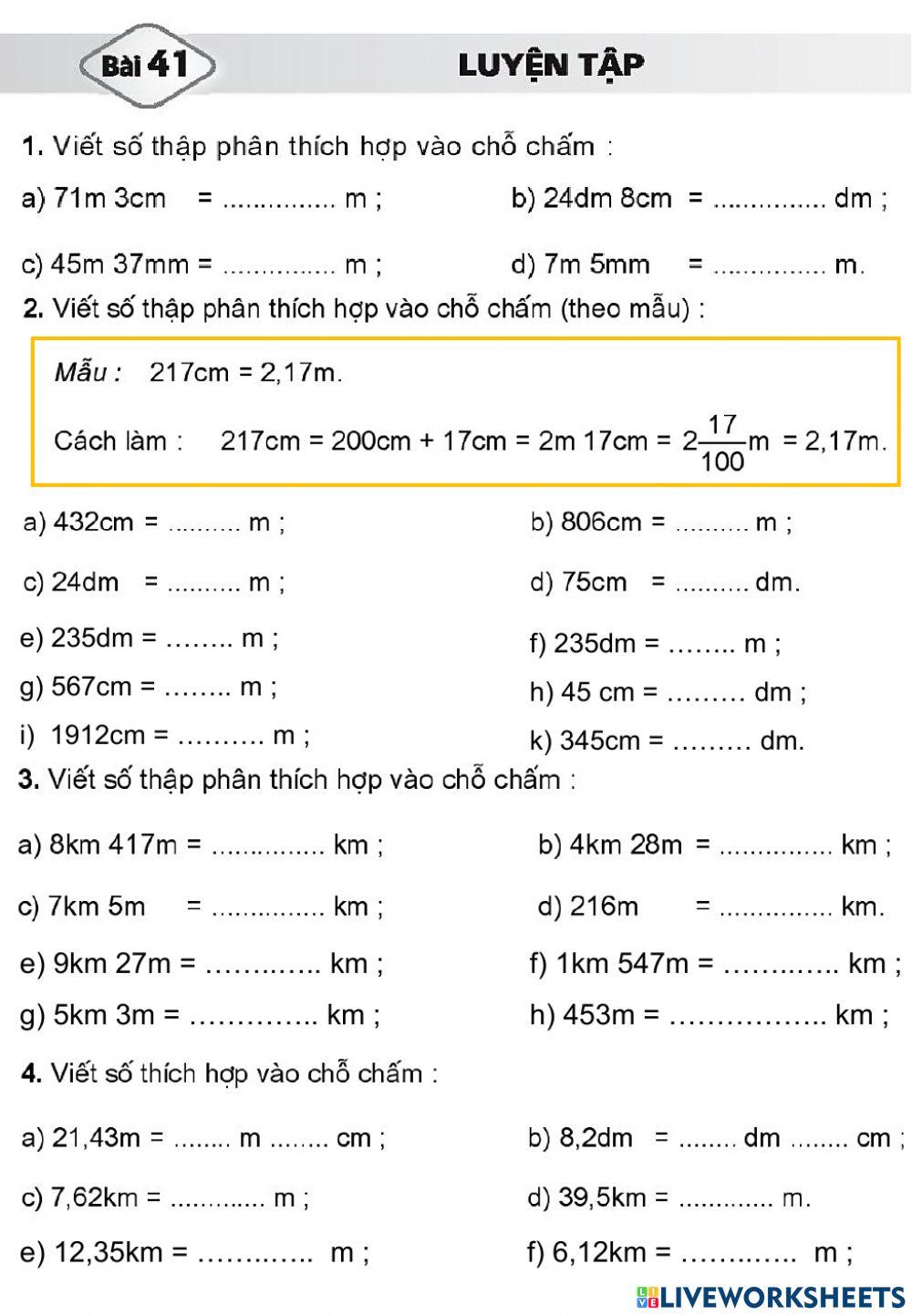 SBT Bài 41: Luyện tập