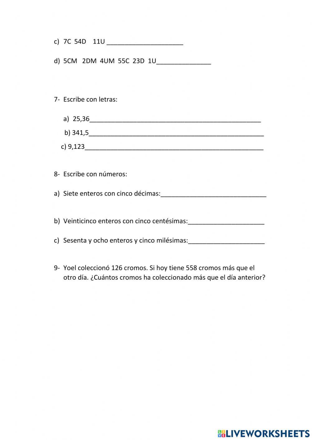 Ficha numeración quinto