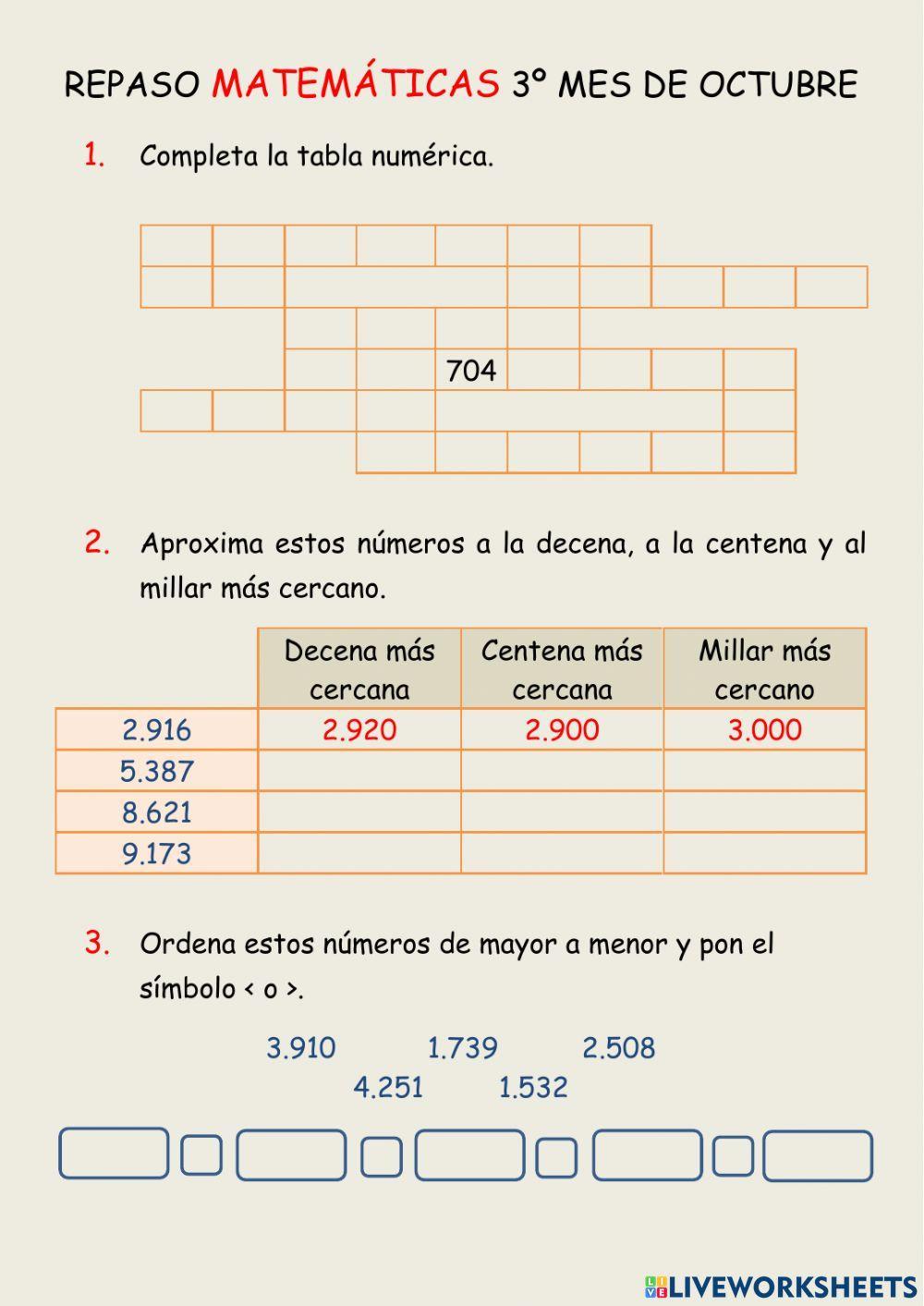 Repaso matemáticas 3º mes de octubre