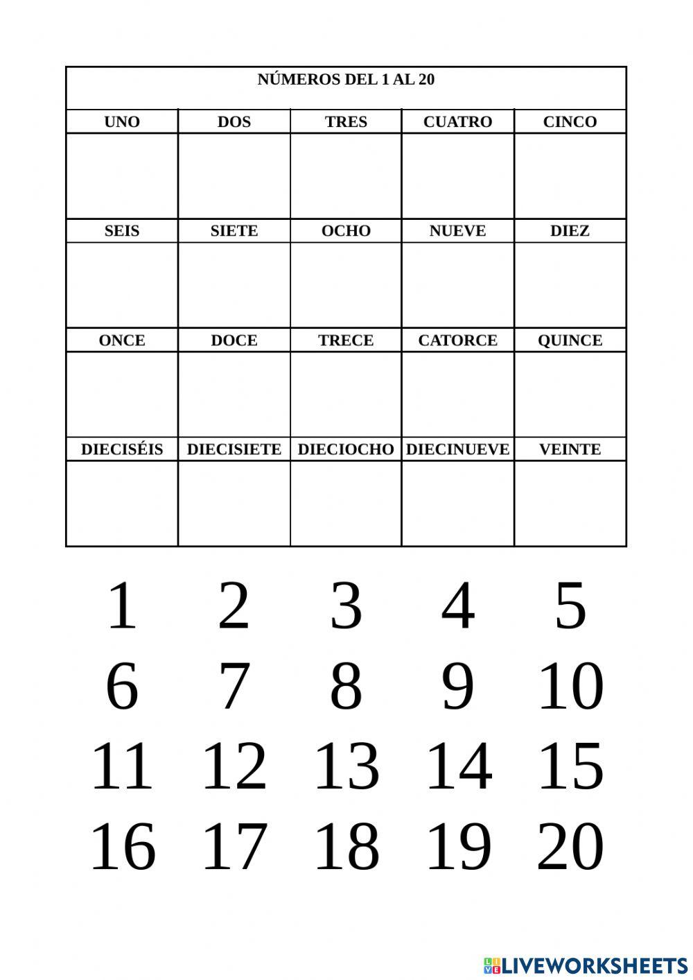 Asociar del 1-20 número nombre