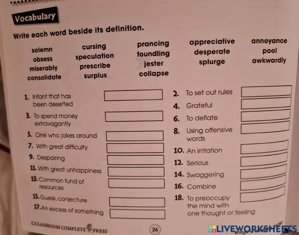 Chapter 6 Bridge to Terabithia Vocabulary