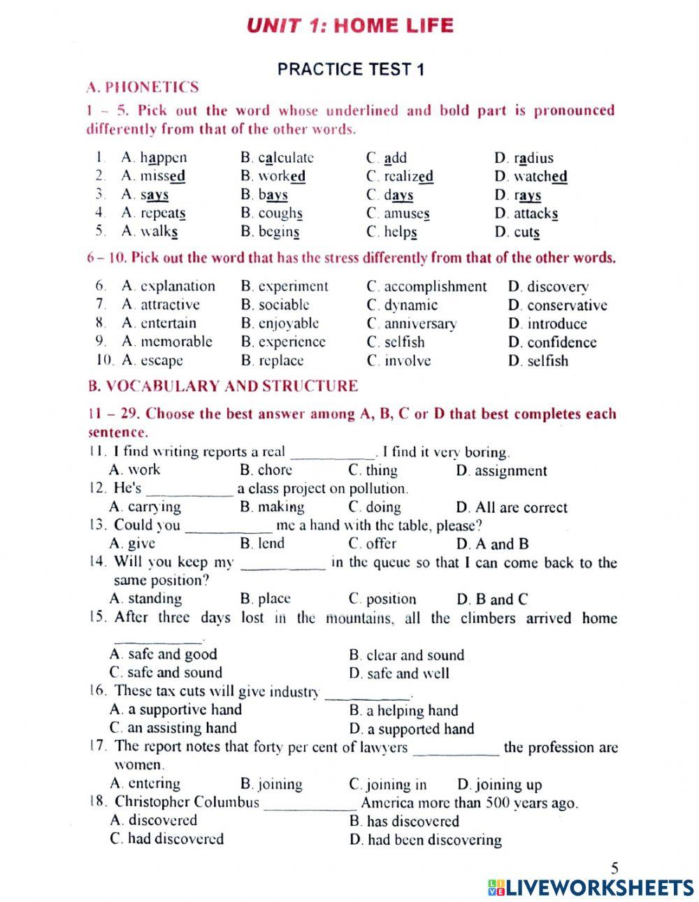 Grade 12 - MOET English - Unit 1 Extra practice