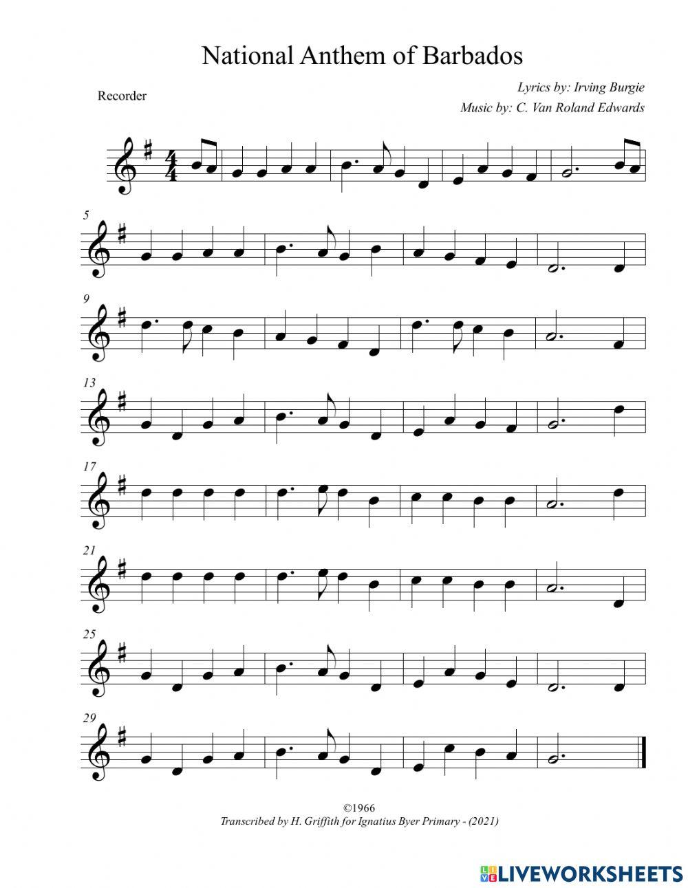 National Anthem of Barbados (Music Note Identification worksheet)
