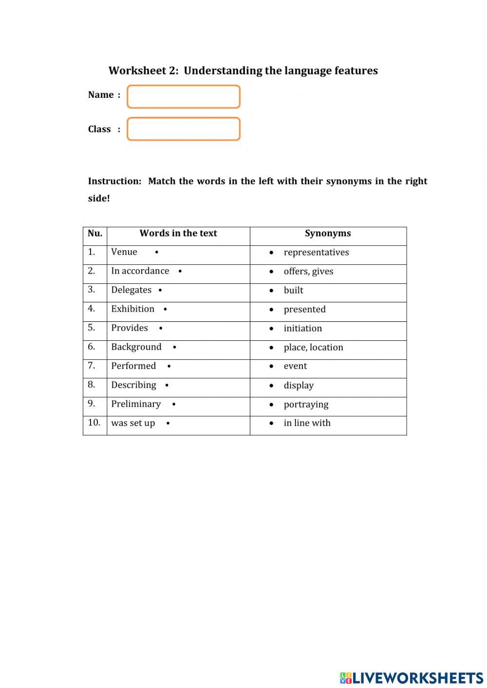 Worksheet 2 Language features synonyms