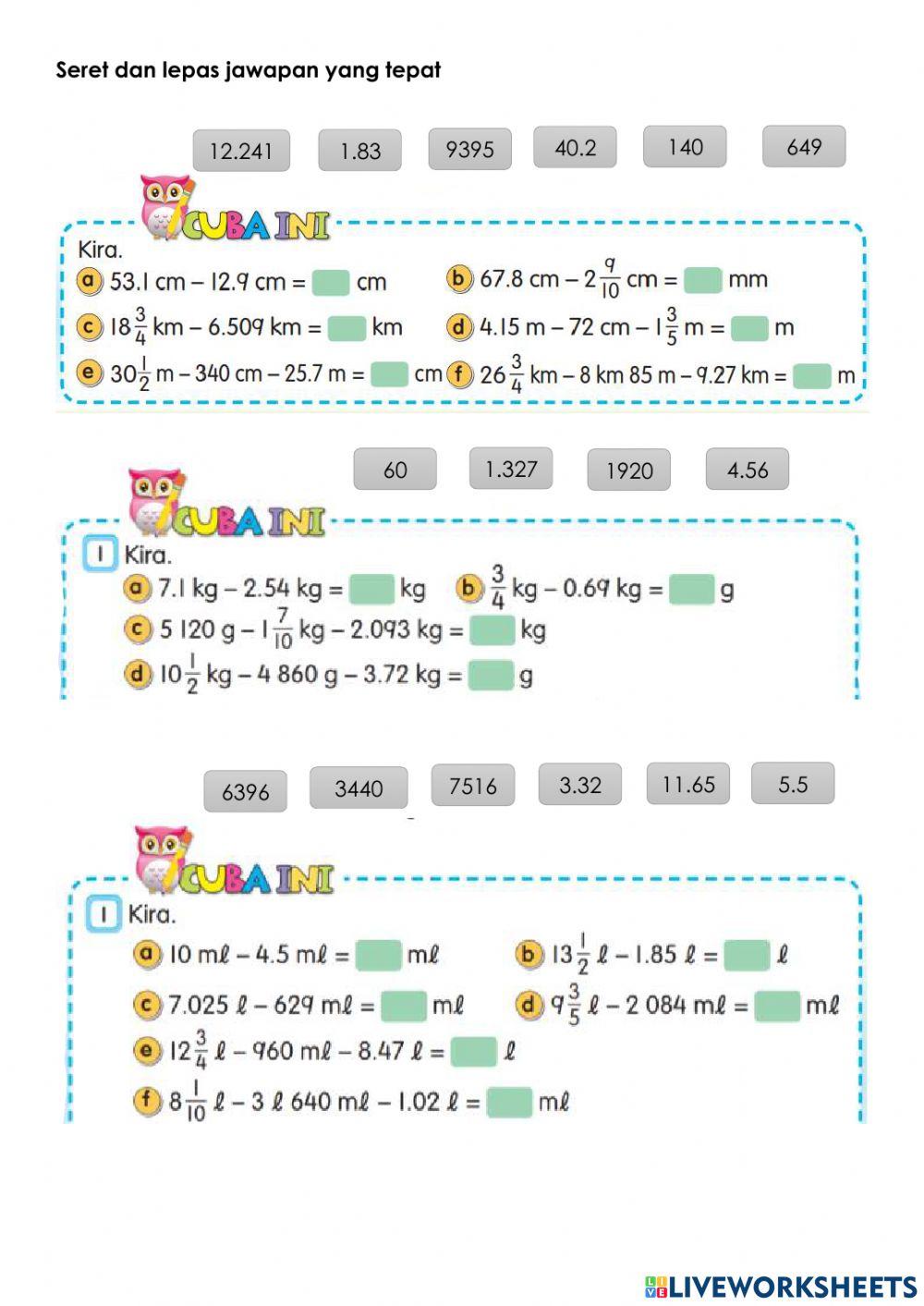 Tolak panjang, jisim dan isi padu cecair