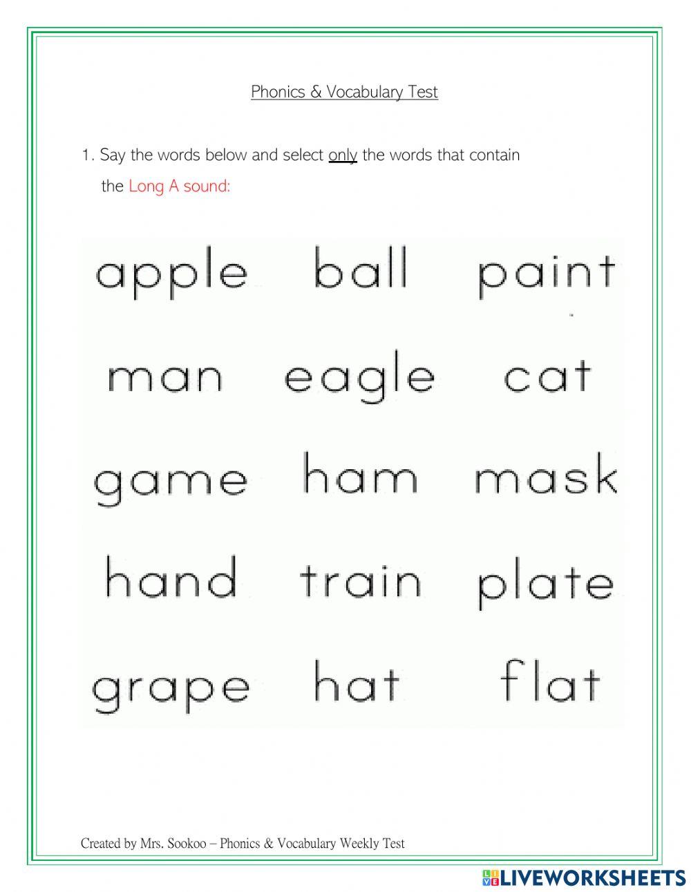 Phonics and Vocabulary Weekly Test 29th Oct