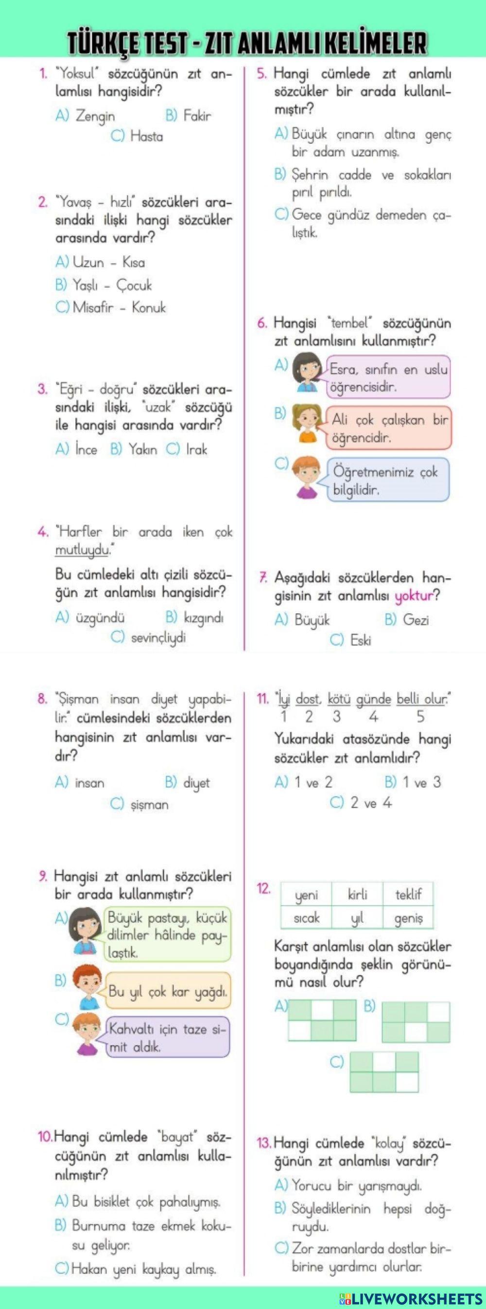 Türkçe Zıt Anlamlı Sözcükler TEST