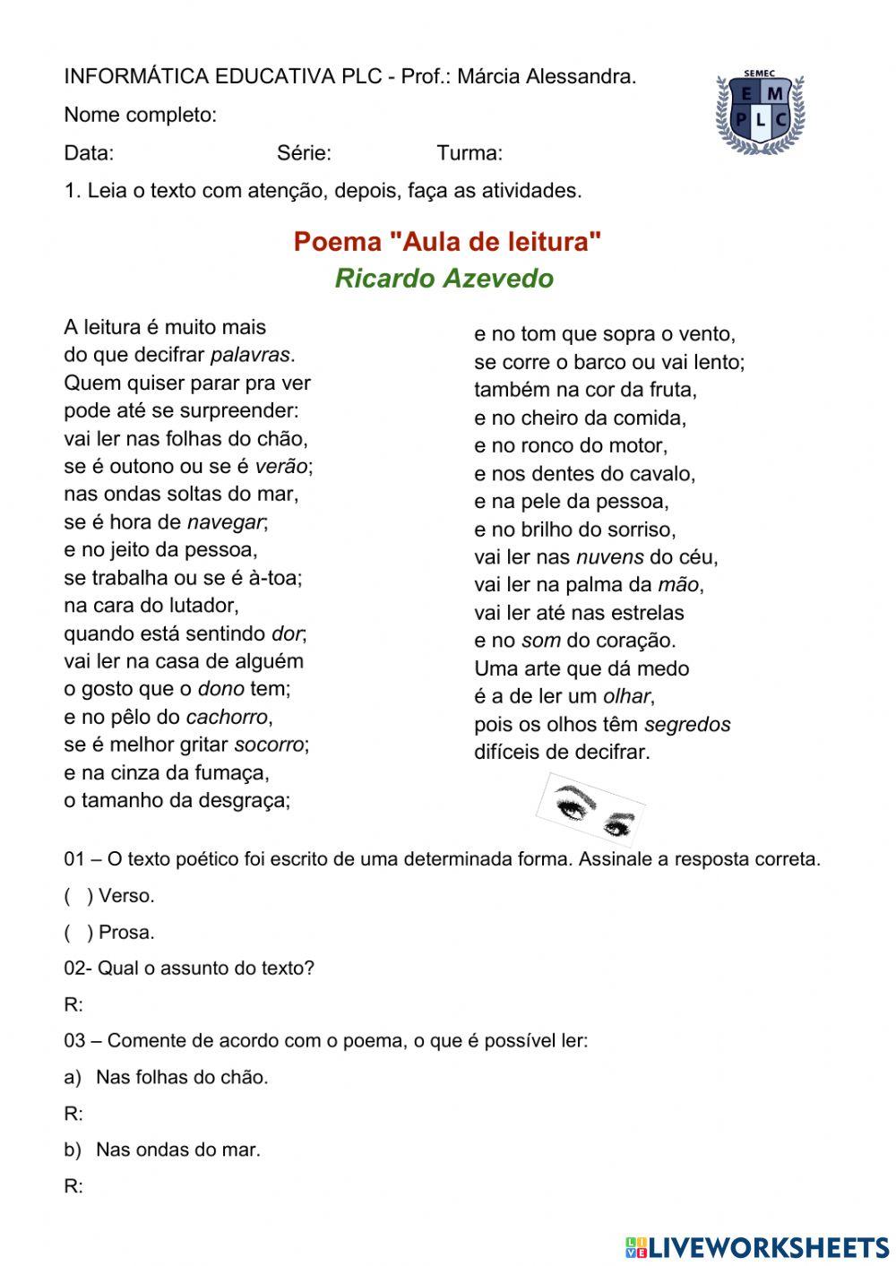 Interpretação de texto Aula de leitura