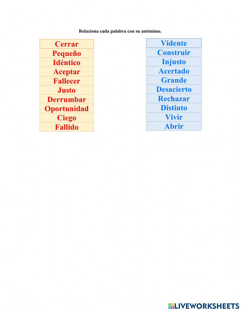 Relaciona cada palabra con su antónimo.