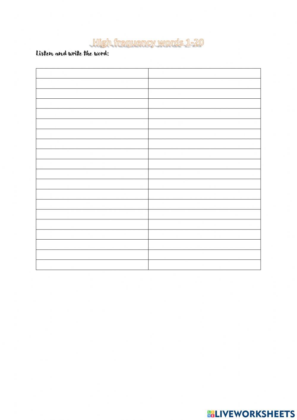 High Frequency Words 1-20