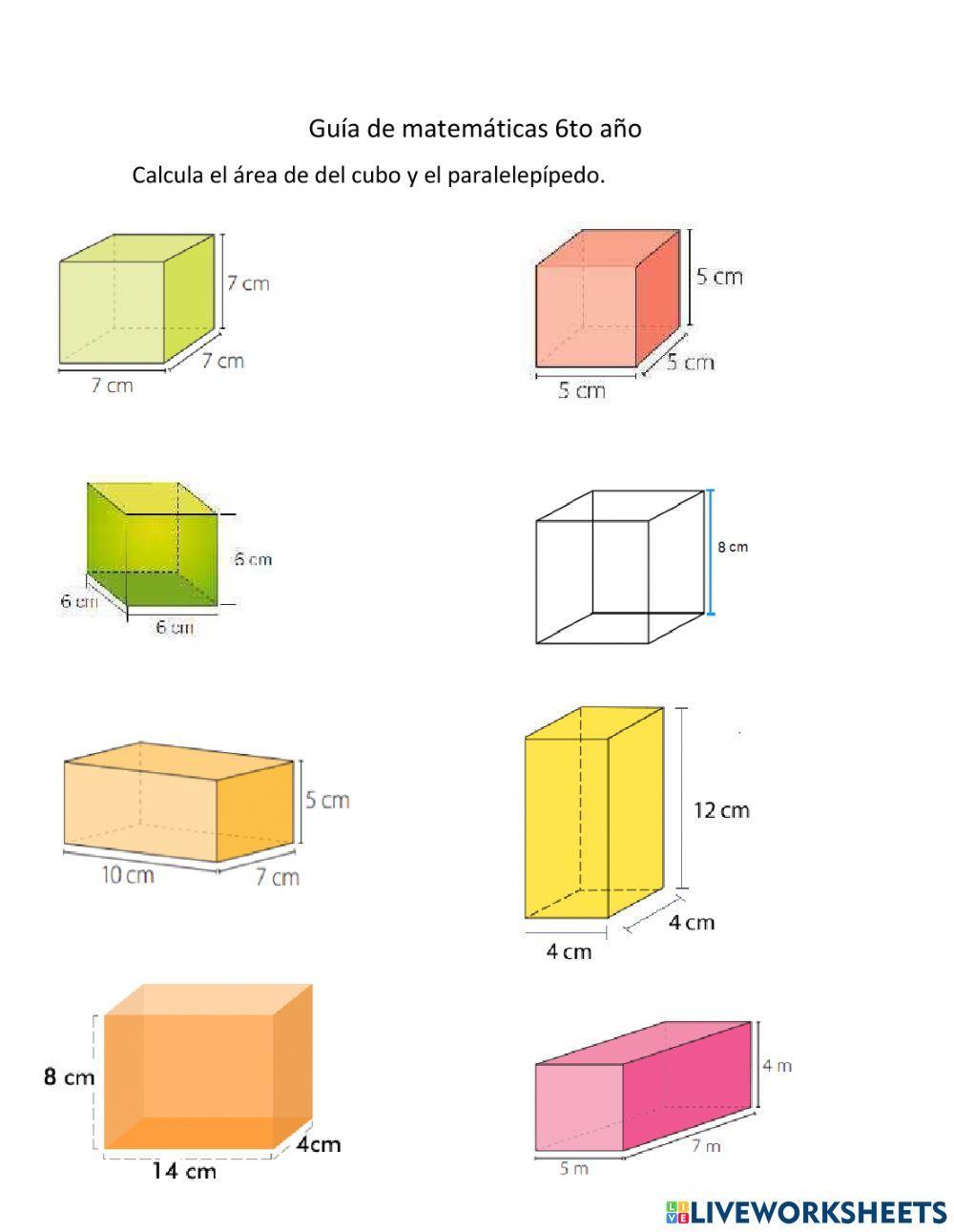Calcular área de cubos y paralelepípedos worksheet | Live Worksheets