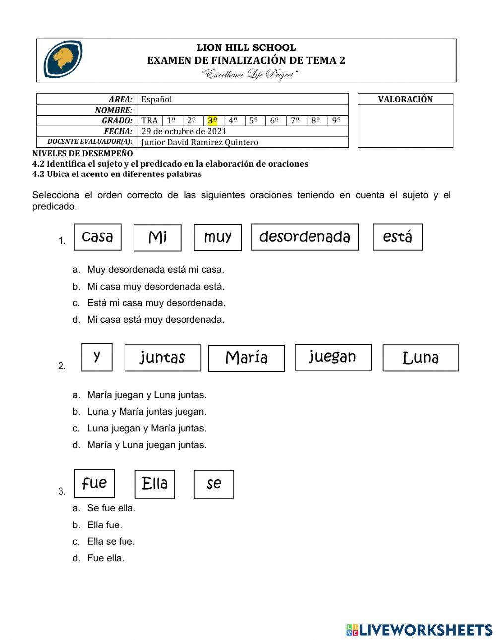Examen de finalización de tema 2 grado 3°